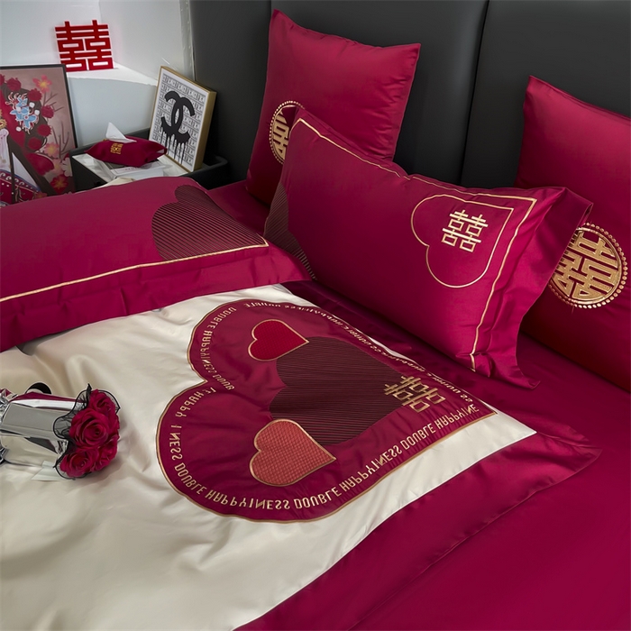 91家纺网 家纺一手货源 找家纺 甜咪咪婚庆 2026新款长绒棉全棉绣花结婚婚庆四件套多件套床单款 心动