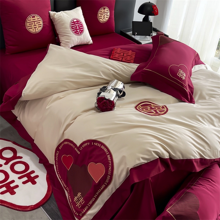 91家纺网 家纺一手货源 找家纺 甜咪咪婚庆 2026新款长绒棉全棉绣花结婚婚庆四件套多件套床单款 心动