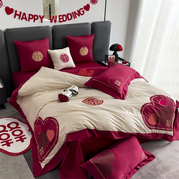 91家纺网 家纺一手货源 找家纺 甜咪咪婚庆 2026新款长绒棉全棉绣花结婚婚庆四件套多件套床单款 心动