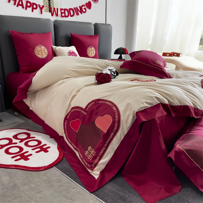 91家纺网 家纺一手货源 找家纺 甜咪咪婚庆 2026新款长绒棉全棉绣花结婚婚庆四件套多件套床单款 心动