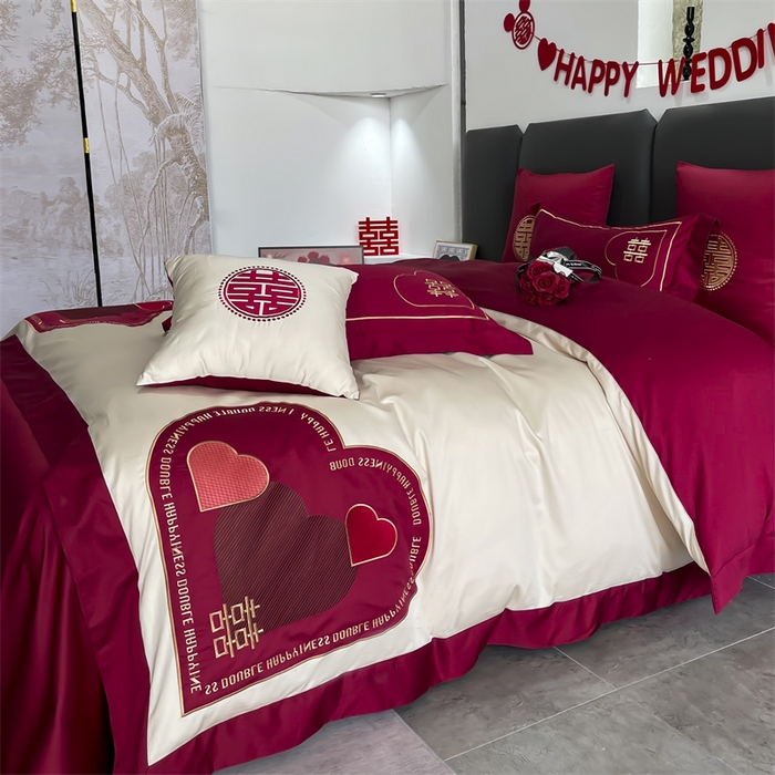 91家纺网 家纺一手货源 找家纺 甜咪咪婚庆 2026新款长绒棉全棉绣花结婚婚庆四件套多件套床单款 心动