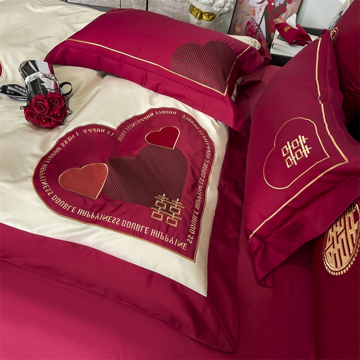 91家纺网 家纺一手货源 找家纺 甜咪咪婚庆 2026新款长绒棉全棉绣花结婚婚庆四件套多件套床单款 心动