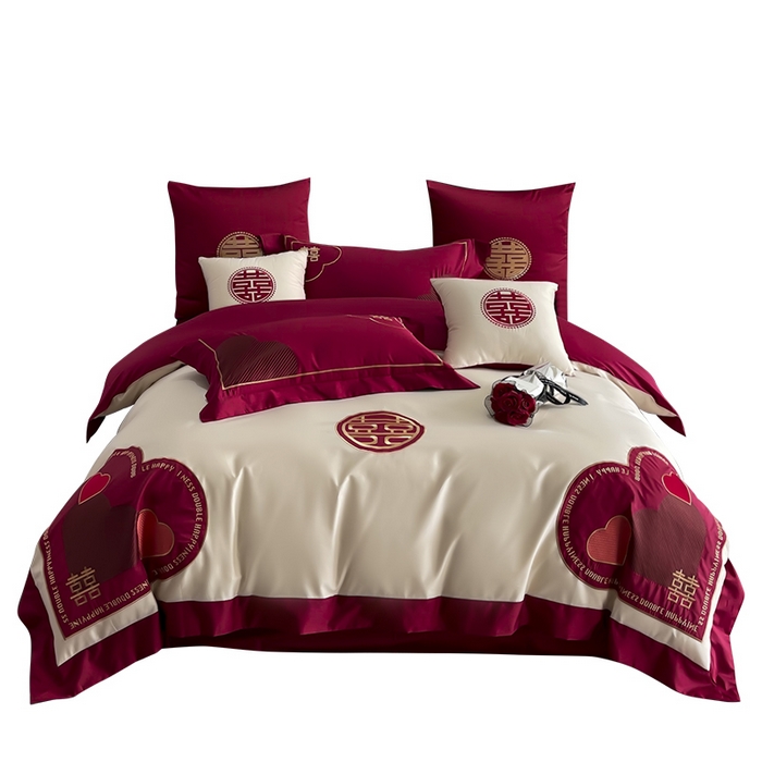 91家纺网 家纺一手货源 找家纺 甜咪咪婚庆 2026新款长绒棉全棉绣花结婚婚庆四件套多件套床单款 心动