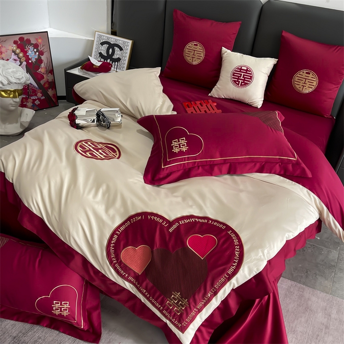 91家纺网 家纺一手货源 找家纺 甜咪咪婚庆 2026新款长绒棉全棉绣花结婚婚庆四件套多件套床单款 心动