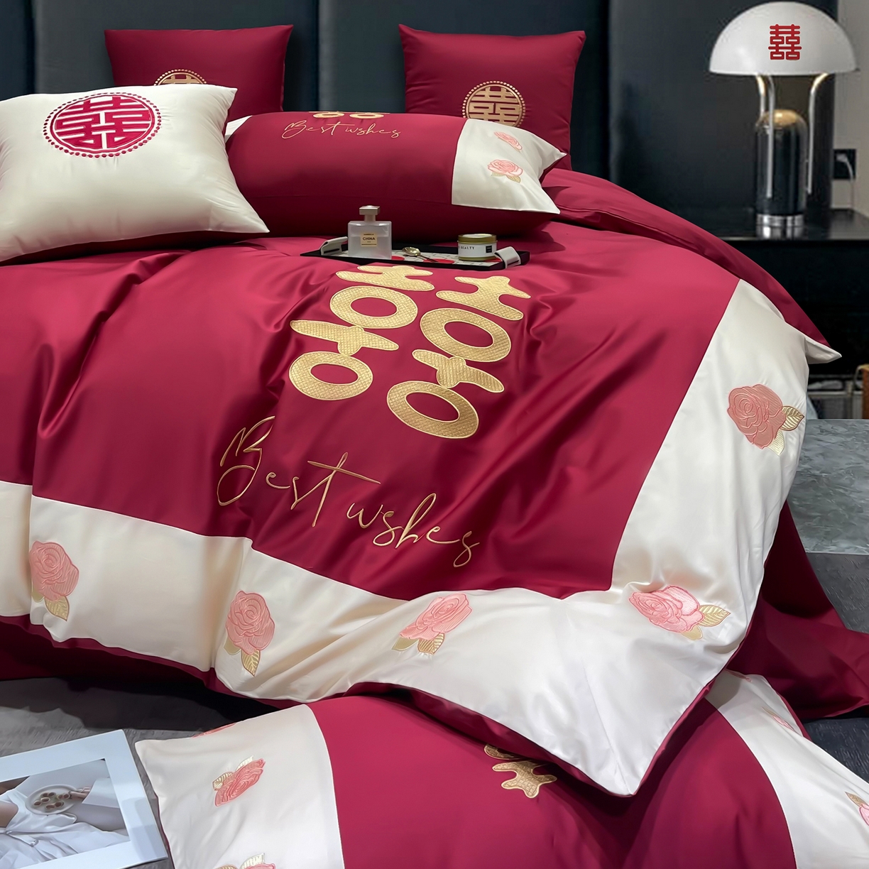 91家纺网 家纺一手货源 找家纺 甜咪咪婚庆 2026新款长绒棉全棉绣花结婚婚庆四件套多件套床单款 结婚啦