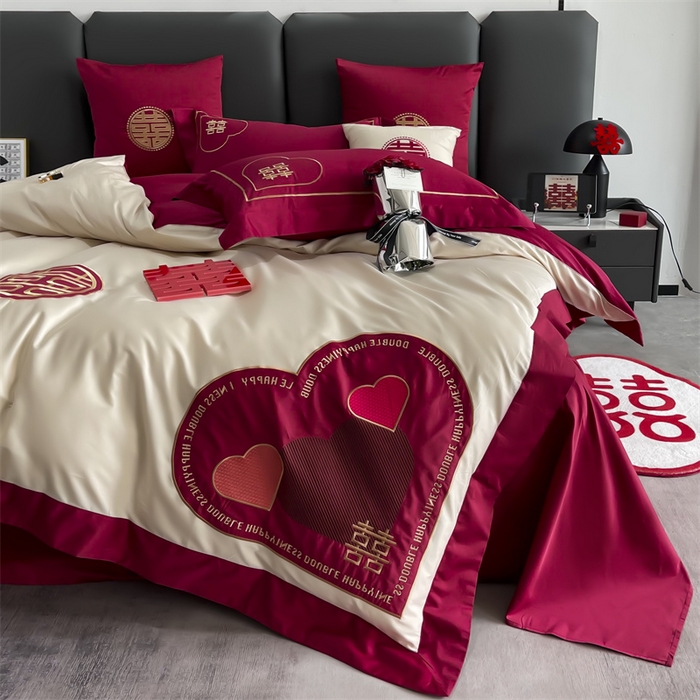 91家纺网 家纺一手货源 找家纺 甜咪咪婚庆 2026新款长绒棉全棉绣花结婚婚庆四件套多件套床单款 心动