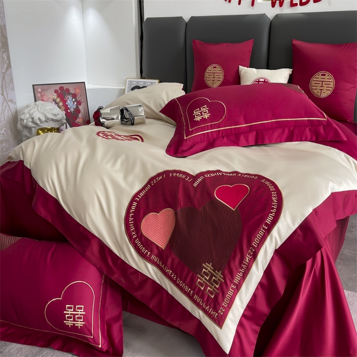 91家纺网 家纺一手货源 找家纺 甜咪咪婚庆 2026新款长绒棉全棉绣花结婚婚庆四件套多件套床单款 心动