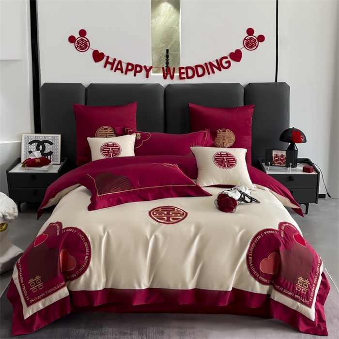 甜咪咪婚庆 2026新款长绒棉全棉绣花结婚婚庆四件套多件套床单款 心动