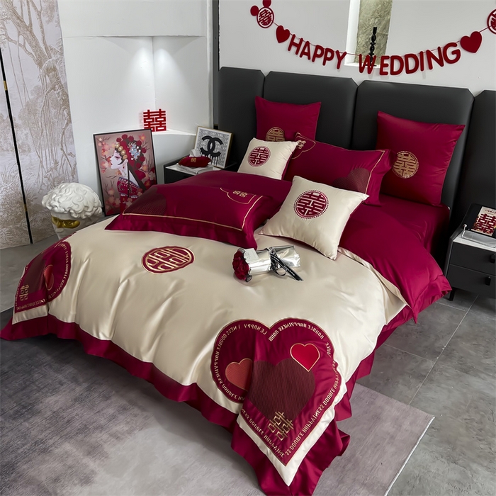 91家纺网 家纺一手货源 找家纺 甜咪咪婚庆 2026新款长绒棉全棉绣花结婚婚庆四件套多件套床单款 心动