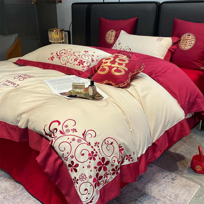 91家纺网 家纺一手货源 找家纺 （总）甜咪咪婚庆 2026新款长绒棉全棉绣花结婚婚庆四件套多件套床单款