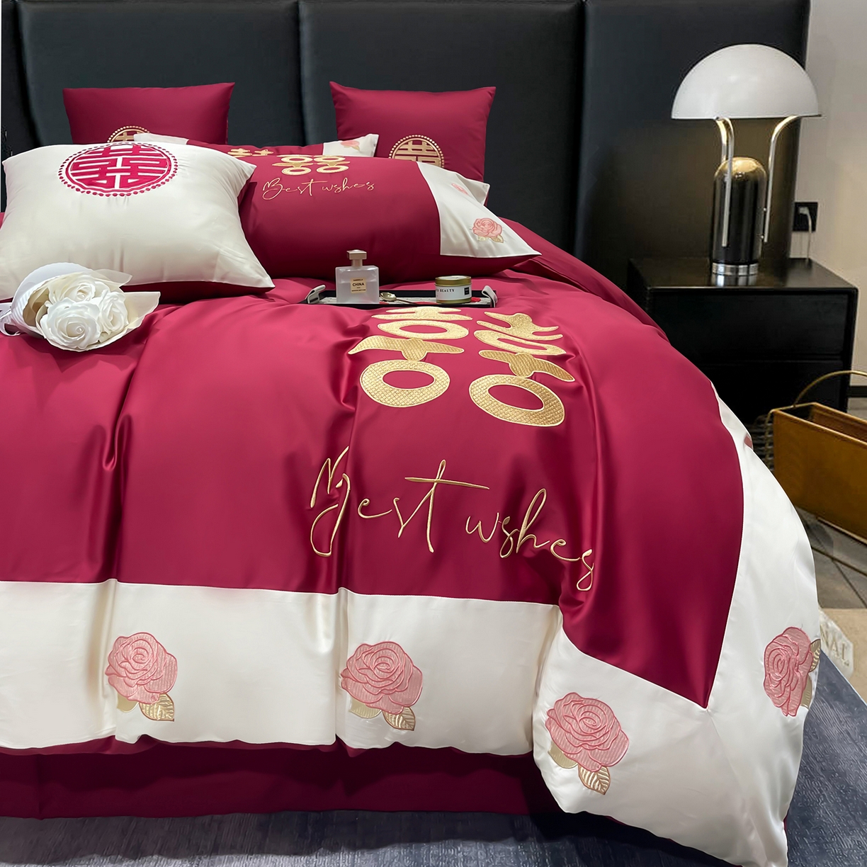 91家纺网 家纺一手货源 找家纺 甜咪咪婚庆 2026新款长绒棉全棉绣花结婚婚庆四件套多件套床单款 结婚啦