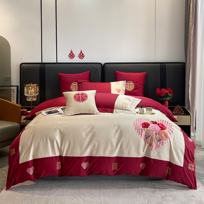 91家纺网 家纺一手货源 找家纺 （总）甜咪咪婚庆 2026新款长绒棉全棉绣花结婚婚庆四件套多件套床单款