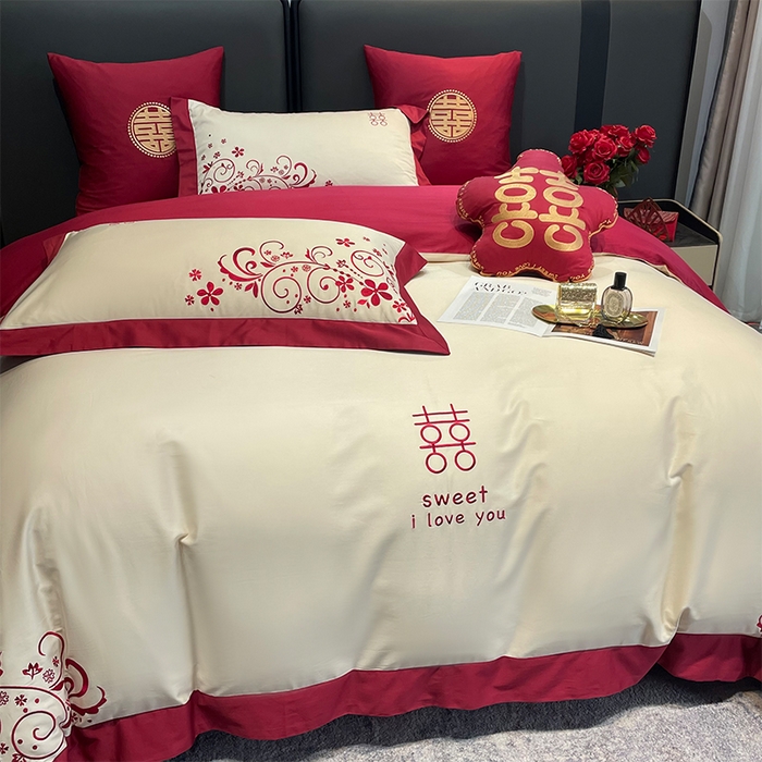 91家纺网 家纺一手货源 找家纺 甜咪咪婚庆 2026新款长绒棉全棉绣花结婚婚庆四件套多件套床单款 巧乐兹