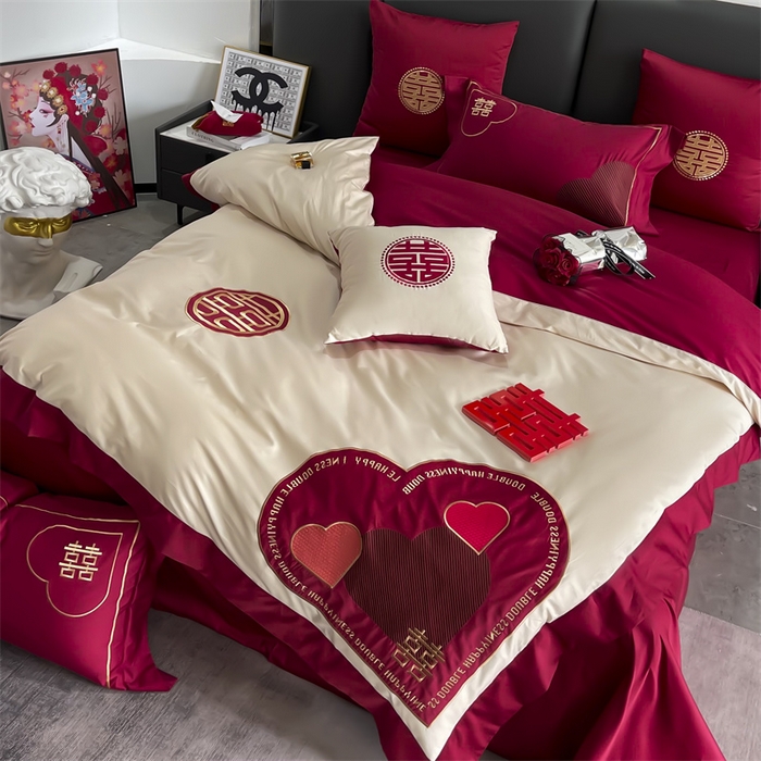 91家纺网 家纺一手货源 找家纺 甜咪咪婚庆 2026新款长绒棉全棉绣花结婚婚庆四件套多件套床单款 心动