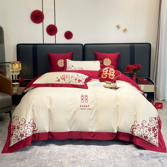 甜咪咪婚庆 2026新款长绒棉全棉绣花结婚婚庆四件套多件套床单款 巧乐兹