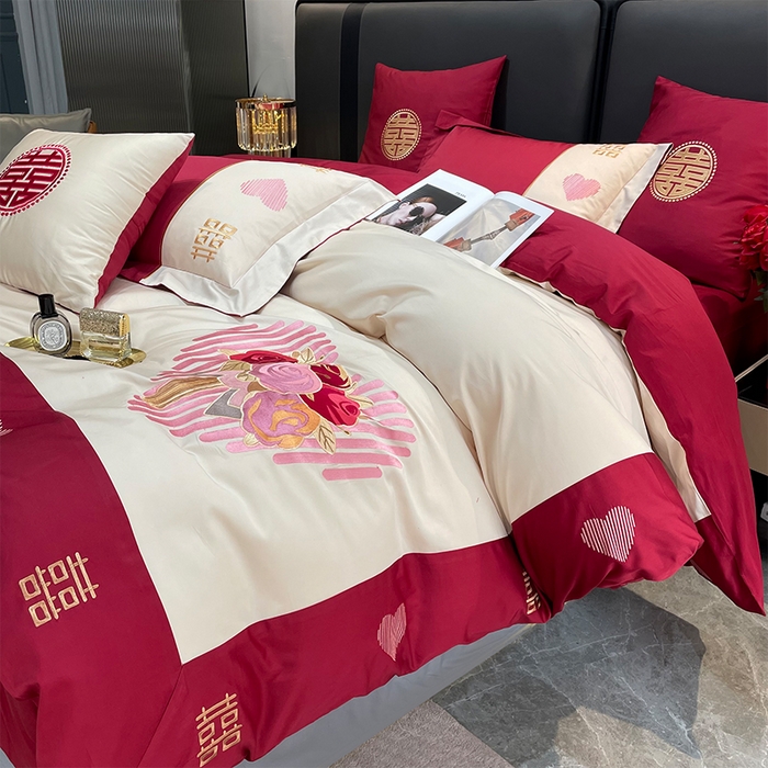 91家纺网 家纺一手货源 找家纺 甜咪咪婚庆 2026新款长绒棉全棉绣花结婚婚庆四件套多件套床单款 嫁给我