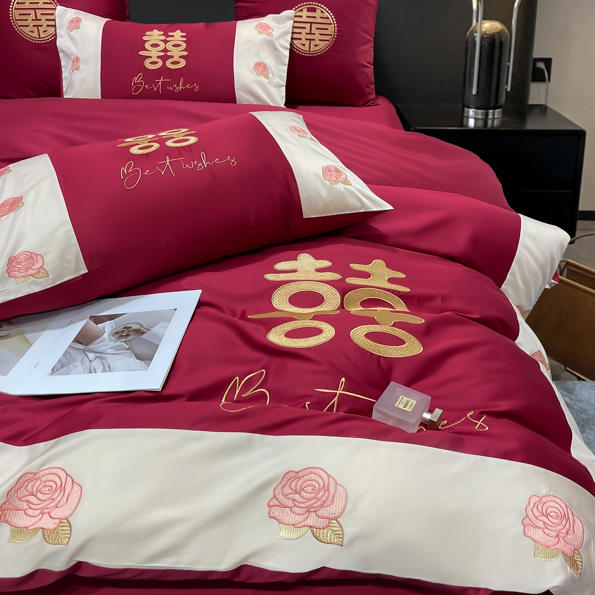 91家纺网 家纺一手货源 找家纺 甜咪咪婚庆 2026新款长绒棉全棉绣花结婚婚庆四件套多件套床单款 结婚啦