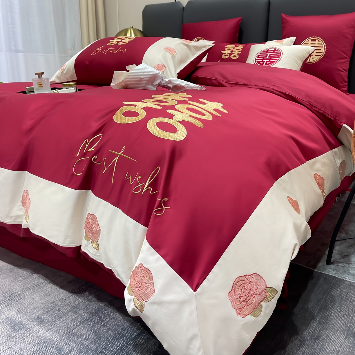 91家纺网 家纺一手货源 找家纺 甜咪咪婚庆 2026新款长绒棉全棉绣花结婚婚庆四件套多件套床单款 结婚啦