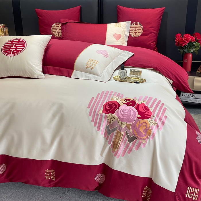 91家纺网 家纺一手货源 找家纺 甜咪咪婚庆 2026新款长绒棉全棉绣花结婚婚庆四件套多件套床单款 嫁给我