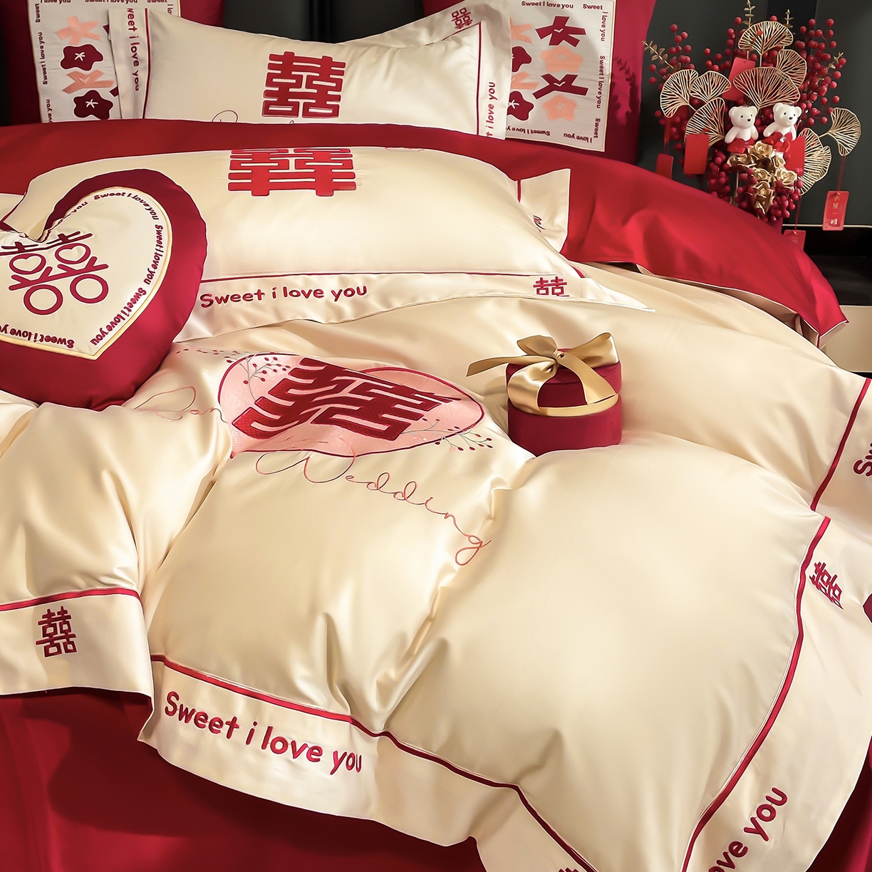 91家纺网 家纺一手货源 找家纺 甜咪咪婚庆 2026新款长绒棉全棉绣花结婚婚庆四件套多件套床单款 米兰之约