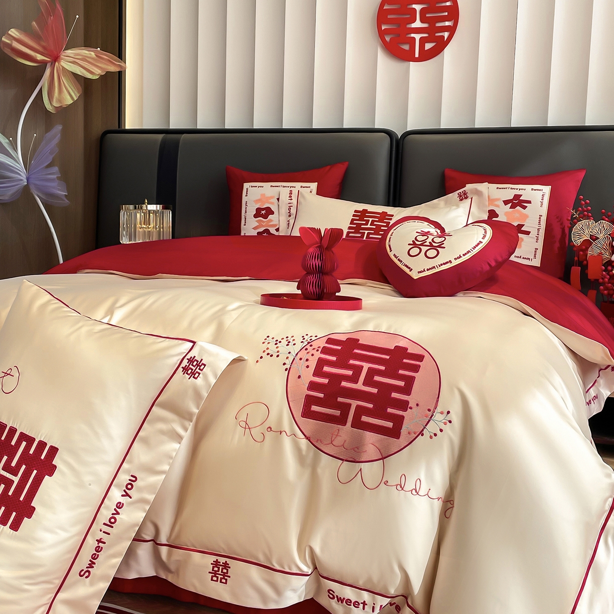 91家纺网 家纺一手货源 找家纺 甜咪咪婚庆 2026新款长绒棉全棉绣花结婚婚庆四件套多件套床单款 米兰之约