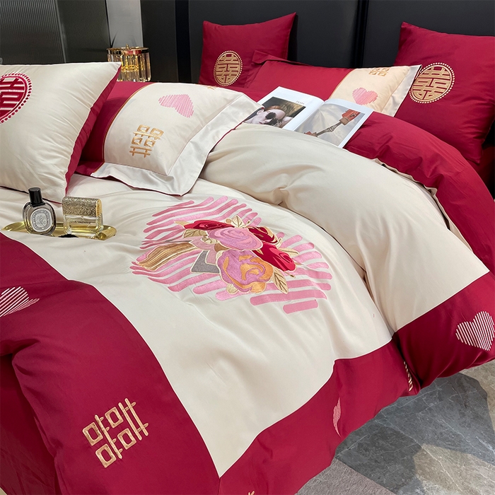 91家纺网 家纺一手货源 找家纺 甜咪咪婚庆 2026新款长绒棉全棉绣花结婚婚庆四件套多件套床单款 嫁给我