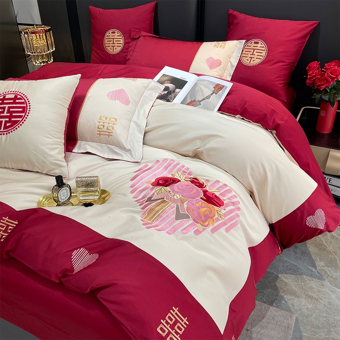 91家纺网 家纺一手货源 找家纺 甜咪咪婚庆 2026新款长绒棉全棉绣花结婚婚庆四件套多件套床单款 嫁给我