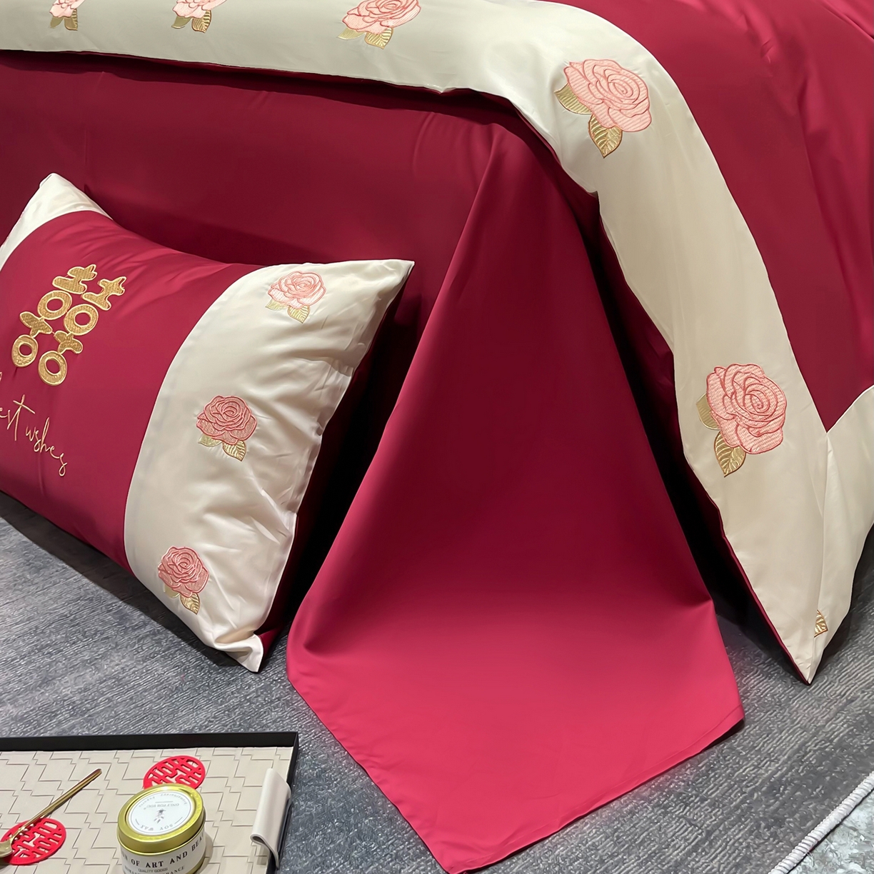 91家纺网 家纺一手货源 找家纺 甜咪咪婚庆 2026新款长绒棉全棉绣花结婚婚庆四件套多件套床单款 结婚啦