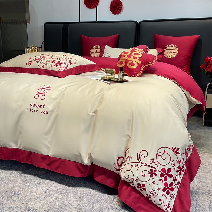 91家纺网 家纺一手货源 找家纺 甜咪咪婚庆 2026新款长绒棉全棉绣花结婚婚庆四件套多件套床单款 巧乐兹