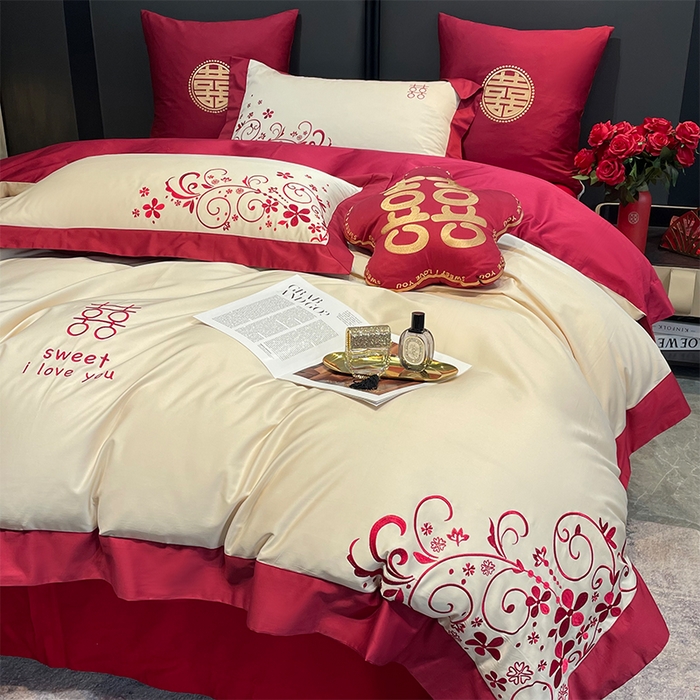 91家纺网 家纺一手货源 找家纺 （总）甜咪咪婚庆 2026新款长绒棉全棉绣花结婚婚庆四件套多件套床单款