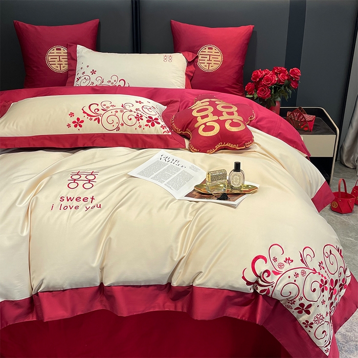 91家纺网 家纺一手货源 找家纺 （总）甜咪咪婚庆 2026新款长绒棉全棉绣花结婚婚庆四件套多件套床单款