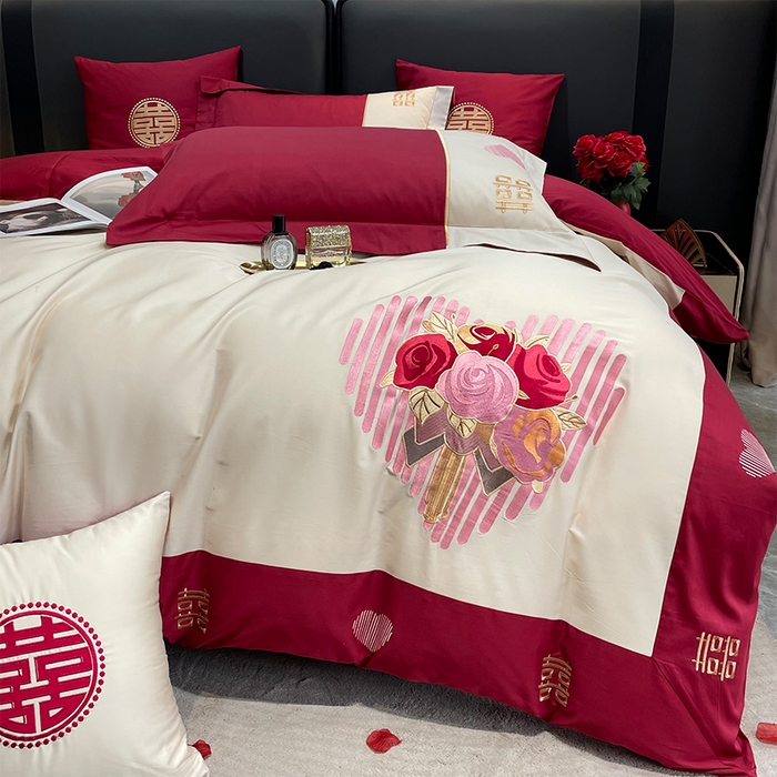 91家纺网 家纺一手货源 找家纺 甜咪咪婚庆 2026新款长绒棉全棉绣花结婚婚庆四件套多件套床单款 嫁给我