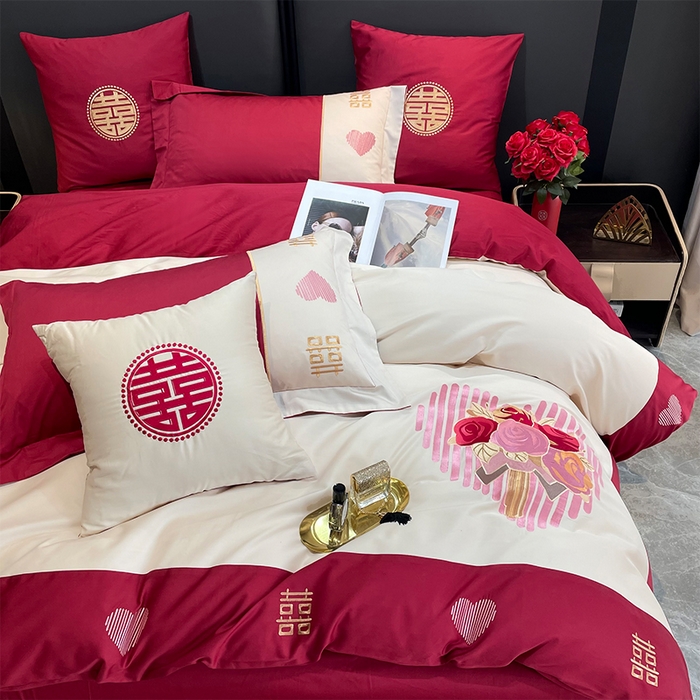 91家纺网 家纺一手货源 找家纺 甜咪咪婚庆 2026新款长绒棉全棉绣花结婚婚庆四件套多件套床单款 嫁给我