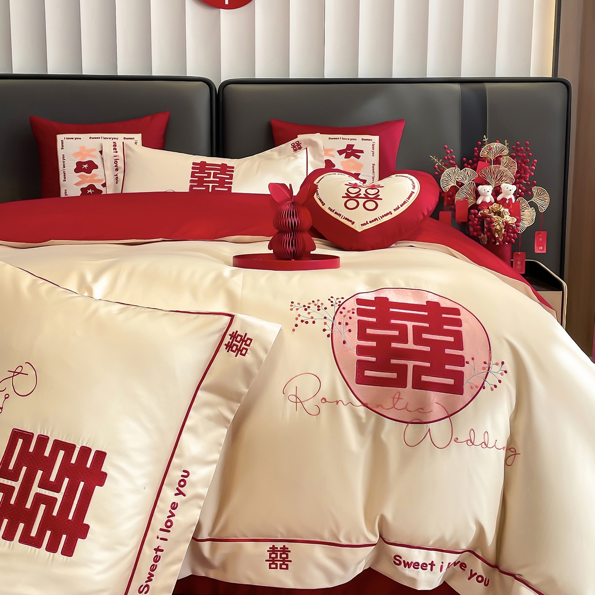 91家纺网 家纺一手货源 找家纺 甜咪咪婚庆 2026新款长绒棉全棉绣花结婚婚庆四件套多件套床单款 米兰之约