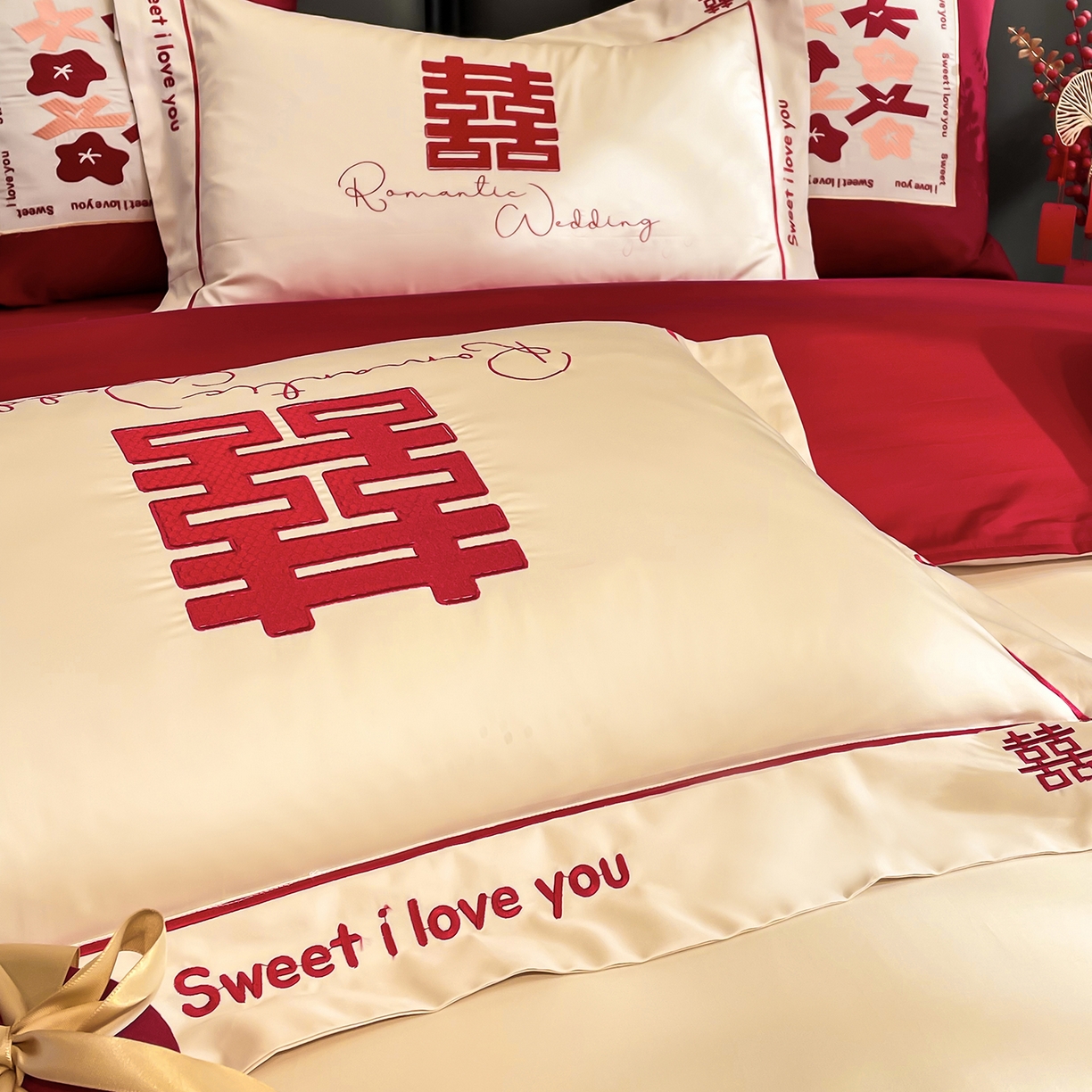 91家纺网 家纺一手货源 找家纺 甜咪咪婚庆 2026新款长绒棉全棉绣花结婚婚庆四件套多件套床单款 米兰之约