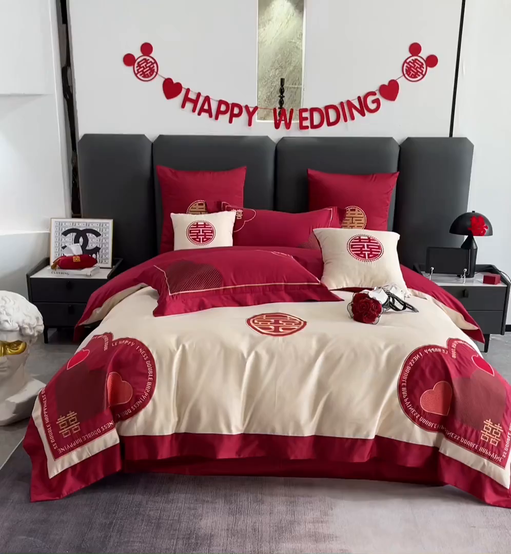 91家纺网 家纺一手货源 找家纺 甜咪咪婚庆 2026新款长绒棉全棉绣花结婚婚庆四件套多件套床单款 心动