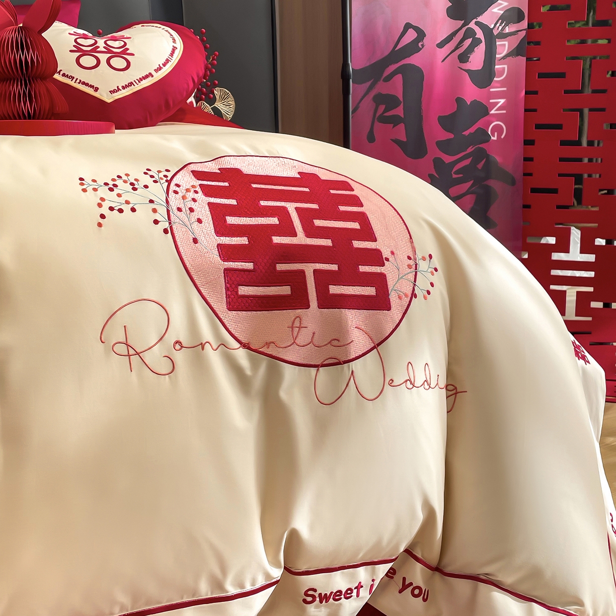 91家纺网 家纺一手货源 找家纺 甜咪咪婚庆 2026新款长绒棉全棉绣花结婚婚庆四件套多件套床单款 米兰之约