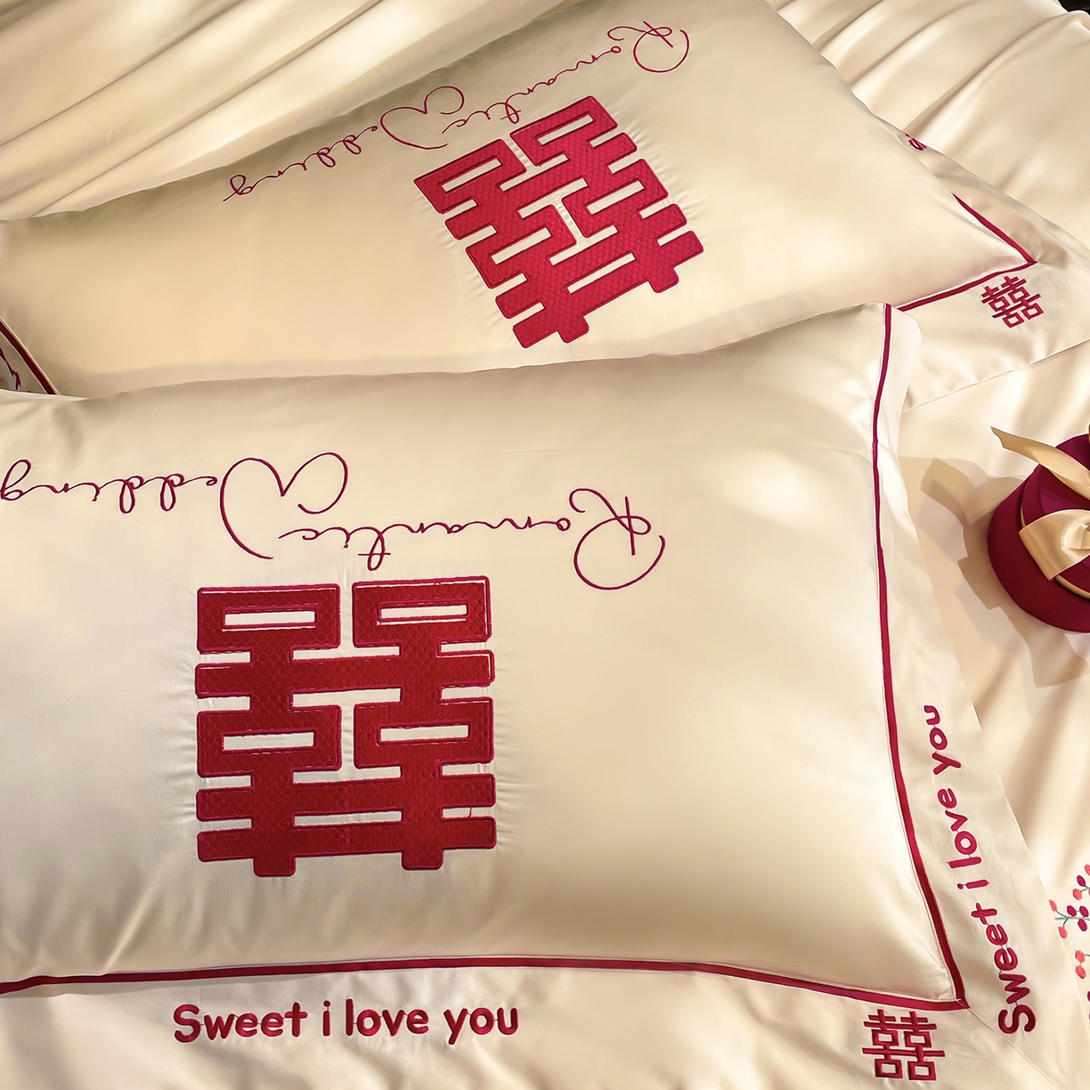 91家纺网 家纺一手货源 找家纺 甜咪咪婚庆 2026新款长绒棉全棉绣花结婚婚庆四件套多件套床单款 米兰之约