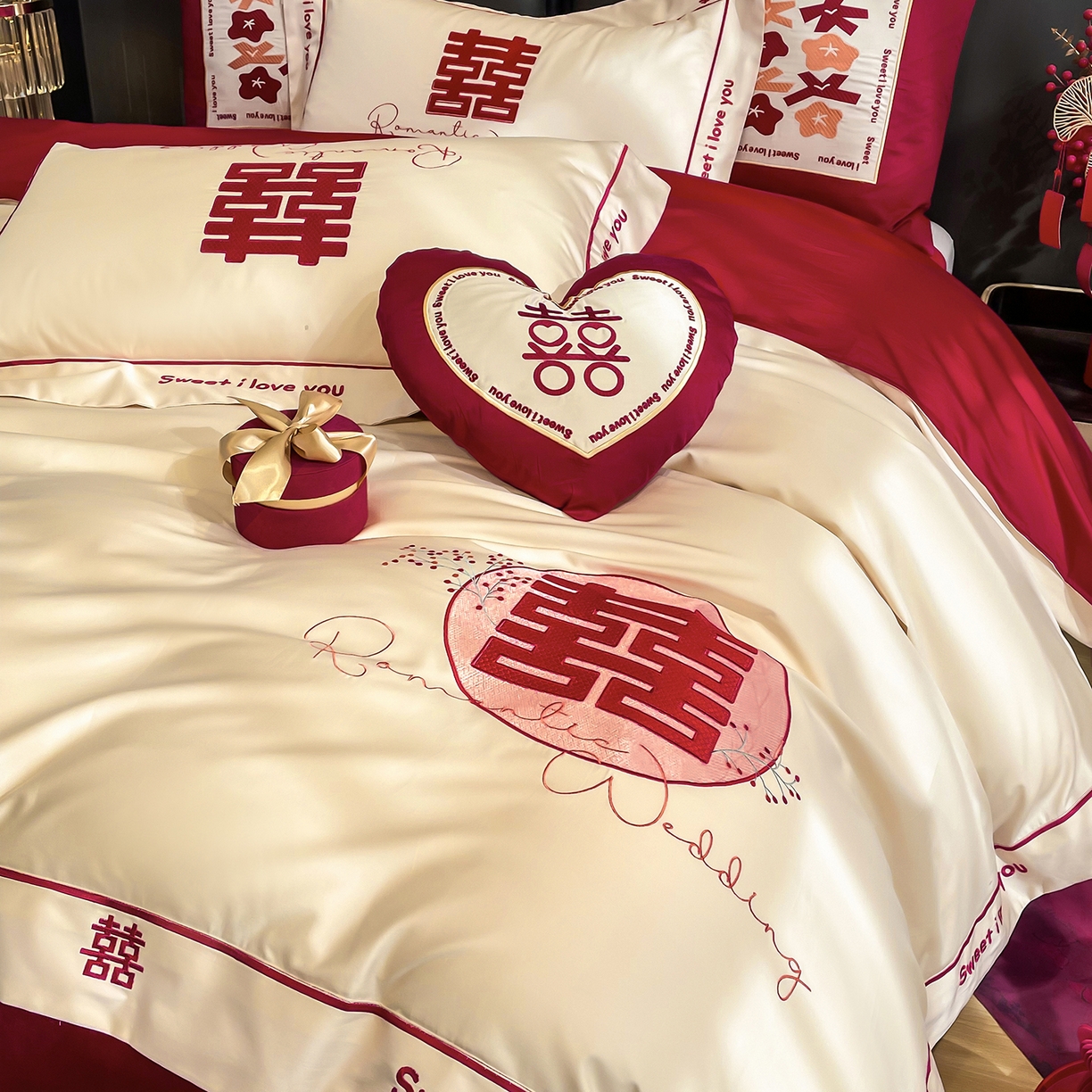 91家纺网 家纺一手货源 找家纺 甜咪咪婚庆 2026新款长绒棉全棉绣花结婚婚庆四件套多件套床单款 米兰之约