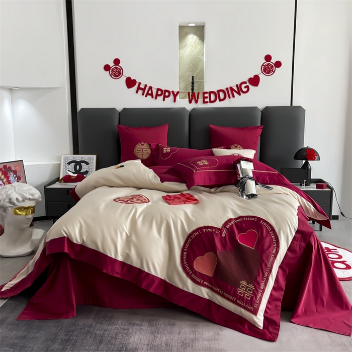 91家纺网 家纺一手货源 找家纺 甜咪咪婚庆 2026新款长绒棉全棉绣花结婚婚庆四件套多件套床单款 心动