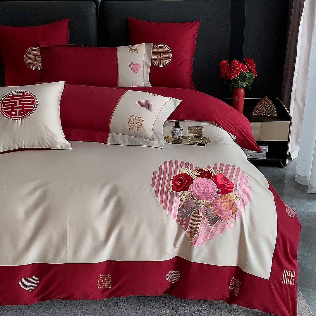 91家纺网 家纺一手货源 找家纺 甜咪咪婚庆 2026新款长绒棉全棉绣花结婚婚庆四件套多件套床单款 嫁给我