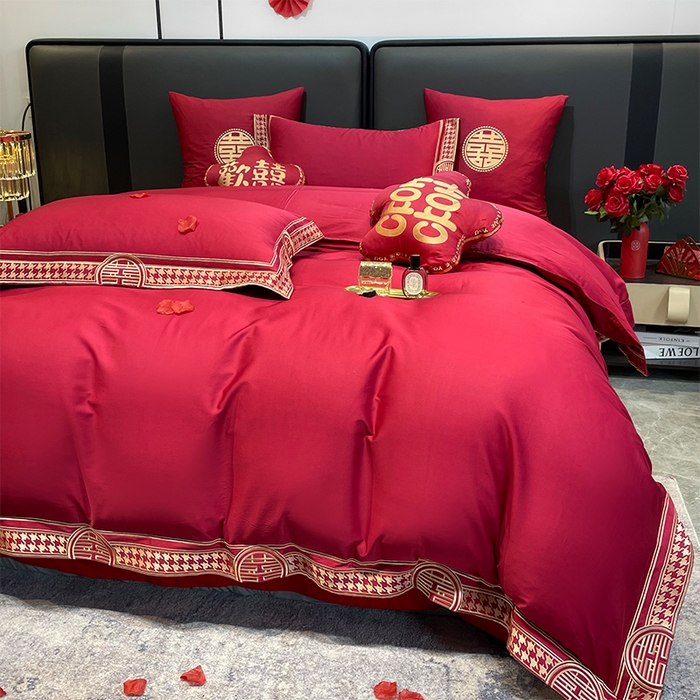 91家纺网 家纺一手货源 找家纺 甜咪咪婚庆 2026新款长绒棉全棉绣花结婚婚庆四件套多件套床单款 哈根达斯