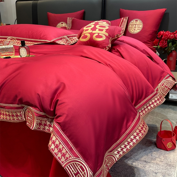 91家纺网 家纺一手货源 找家纺 甜咪咪婚庆 2026新款长绒棉全棉绣花结婚婚庆四件套多件套床单款 哈根达斯