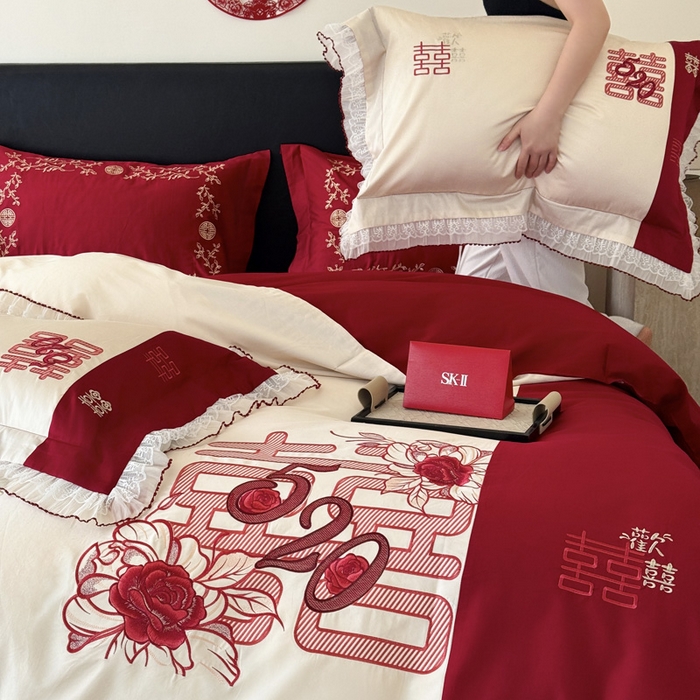 91家纺网 家纺一手货源 找家纺 甜咪咪婚庆 2026新款长绒棉全棉绣花结婚婚庆四件套多件套床单款 爱的告白