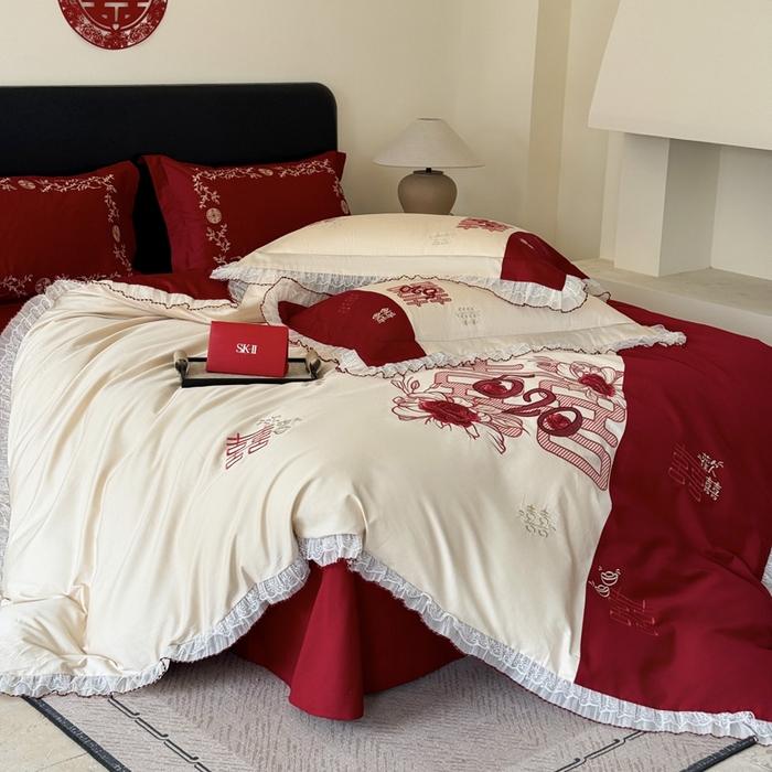 91家纺网 家纺一手货源 找家纺 甜咪咪婚庆 2026新款长绒棉全棉绣花结婚婚庆四件套多件套床单款 爱的告白