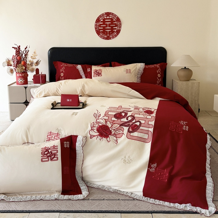 甜咪咪婚庆 2026新款长绒棉全棉绣花结婚婚庆四件套多件套床单款 爱的告白