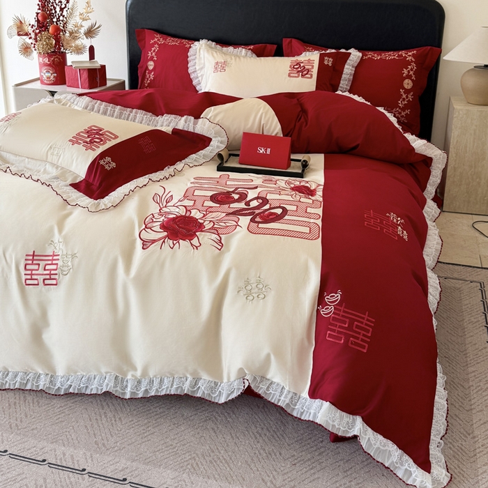 91家纺网 家纺一手货源 找家纺 甜咪咪婚庆 2026新款长绒棉全棉绣花结婚婚庆四件套多件套床单款 爱的告白