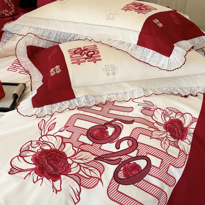 91家纺网 家纺一手货源 找家纺 甜咪咪婚庆 2026新款长绒棉全棉绣花结婚婚庆四件套多件套床单款 爱的告白