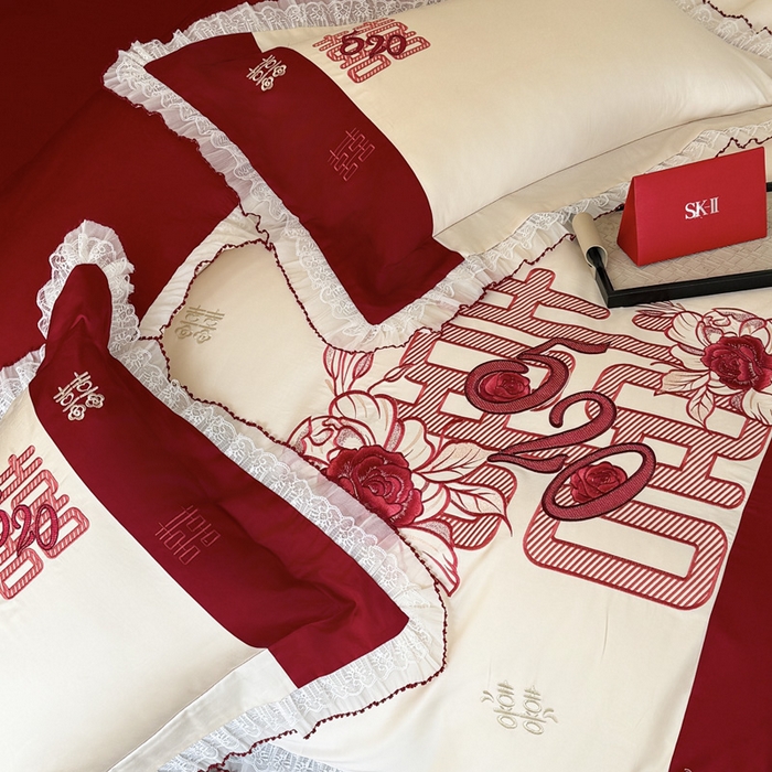 91家纺网 家纺一手货源 找家纺 甜咪咪婚庆 2026新款长绒棉全棉绣花结婚婚庆四件套多件套床单款 爱的告白