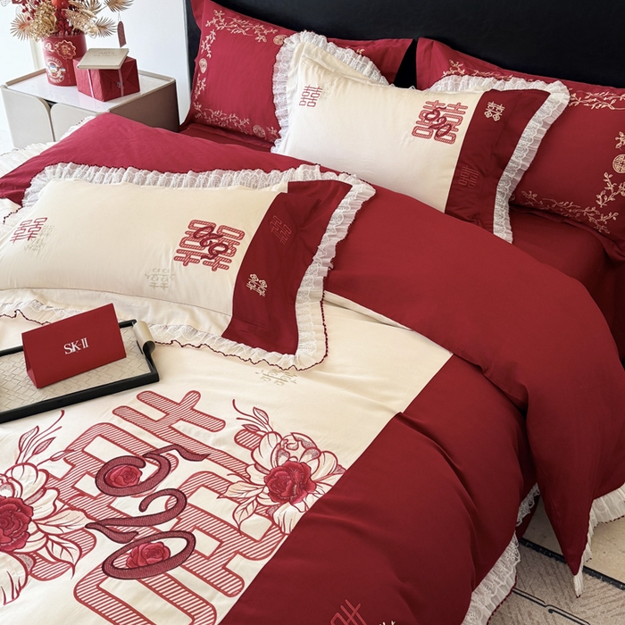 91家纺网 家纺一手货源 找家纺 甜咪咪婚庆 2026新款长绒棉全棉绣花结婚婚庆四件套多件套床单款 爱的告白